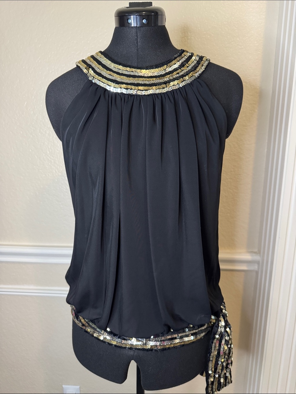 JS Collections Black Halter Camisole with Gold & Silver Sequin Trim